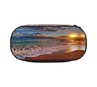 CHANGLEI Beach Sunrise White Wave Double-Zip Pencil Case with 4 Pen Slots Mesh Pocket,Print Lightweight Durable Polyester Pencil Pouch for School,Office,Or Makeup Organizer