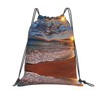 CHANGLEI Beach Sunrise White Wave Large Casual Drawstring Backpack With Print,Water-Resistant Polyester,Lightweight Durable,Black Contrast Back For Gym,Yoga,Travel