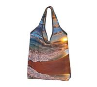 CHANGLEI Beach Sunrise White Wave Reusable Foldable Shopping Bag With All-Over Print-Waterproof Grocery Tote,Compact Carry Pouch,Holds 50lbs,Eco-Friendly Machine Washable