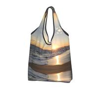 CHANGLEI Beach Sunset Reusable Foldable Shopping Bag With All-Over Print-Waterproof Grocery Tote,Compact Carry Pouch,Holds 50lbs,Eco-Friendly Machine Washable