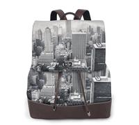 CHANGLEI Black And White New York Women'S Genuine Leather Backpack,Full-Pattern Print,Fashion Casual Daypack For School Travel Work
