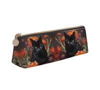 CHANGLEI Black Cat and Flower Cute Leather Pencil Case for Girls Boys,Printed Personalised Lightweight Pencil Stationery Case