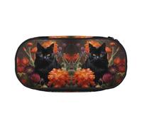 CHANGLEI Black Cat and Flower Double-Zip Pencil Case with 4 Pen Slots Mesh Pocket,Print Lightweight Durable Polyester Pencil Pouch for School,Office,Or Makeup Organizer