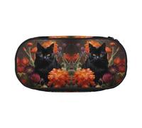 CHANGLEI Black Cat and Flower Double-Zip Pencil Case with 4 Pen Slots Mesh Pocket,Print Lightweight Durable Polyester Pencil Pouch for School,Office,Or Makeup Organizer