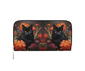 CHANGLEI Black Cat and Flower Long Zip Around Pu Leather Clutch Wallet for Women,Multi-Functional Purse with Coin Pocket, Multiple Card Slots and Organizer Compartments