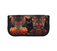 CHANGLEI Black Cat and Flower Sturdy Canvas Pencil Case with Full-Print Design,Double Zip Closure, Black Border Contrasting Design Multi-Use Organizer