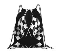 CHANGLEI Black White Formula Checkered Flags Pattern Large Casual Drawstring Backpack With Print,Water-Resistant Polyester,Lightweight Durable,Black Contrast Back For Gym,Yoga,Travel