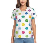 CHANGLEI Blue Polka Dot Pattern Women's V-Neck Short Sleeve T-Shirt,All-Over Print Polyester Top Soft Breathable Stretch Fabric Casual Comfort Fit for Office,Travel,Running