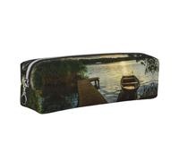 CHANGLEI Boat At Lake Shore Minimalist All-Over Print Cross-Grain PVC Leather Zipper Pencil Case, Soft Lined Portable Pen Pouch Stationery Bag