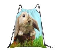 CHANGLEI Bunny On The Grass Large Casual Drawstring Backpack With Print,Water-Resistant Polyester,Lightweight Durable,Black Contrast Back For Gym,Yoga,Travel