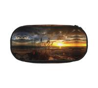 CHANGLEI Calm Coastal Scene Double-Zip Pencil Case with 4 Pen Slots Mesh Pocket,Print Lightweight Durable Polyester Pencil Pouch for School,Office,Or Makeup Organizer