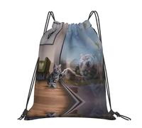 CHANGLEI Cat And Reflection Tiger Animal Large Casual Drawstring Backpack With Print,Water-Resistant Polyester,Lightweight Durable,Black Contrast Back For Gym,Yoga,Travel