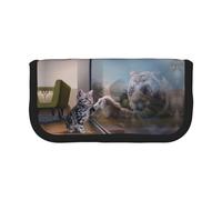 CHANGLEI Cat and Reflection Tiger Animal Sturdy Canvas Pencil Case with Full-Print Design,Double Zip Closure, Black Border Contrasting Design Multi-Use Organizer