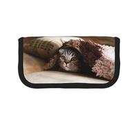 CHANGLEI Cat Under Blanket Sturdy Canvas Pencil Case with Full-Print Design,Double Zip Closure, Black Border Contrasting Design Multi-Use Organizer