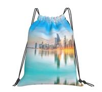 CHANGLEI Chicago Downtown Sunset Large Casual Drawstring Backpack With Print,Water-Resistant Polyester,Lightweight Durable,Black Contrast Back For Gym,Yoga,Travel