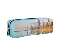CHANGLEI Chicago Downtown Sunset Minimalist All-Over Print Cross-Grain PVC Leather Zipper Pencil Case, Soft Lined Portable Pen Pouch Stationery Bag