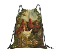 CHANGLEI Chickens And Farm Large Casual Drawstring Backpack With Print,Water-Resistant Polyester,Lightweight Durable,Black Contrast Back For Gym,Yoga,Travel