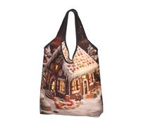 CHANGLEI Christmas Gingerbread Like Village House Reusable Foldable Shopping Bag With All-Over Print-Waterproof Grocery Tote,Compact Carry Pouch,Holds 50lbs,Eco-Friendly Machine Washable