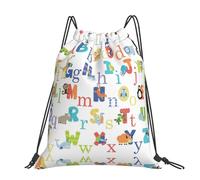 CHANGLEI Colourful Animal Alphabet Large Casual Drawstring Backpack With Print,Water-Resistant Polyester,Lightweight Durable,Black Contrast Back For Gym,Yoga,Travel