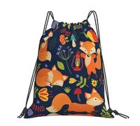 CHANGLEI Cute Animal Fox Flower Large Casual Drawstring Backpack With Print,Water-Resistant Polyester,Lightweight Durable,Black Contrast Back For Gym,Yoga,Travel