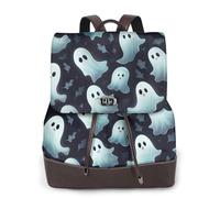 CHANGLEI Cute White Ghost Halloween Pattern Women'S Genuine Leather Backpack,Full-Pattern Print,Fashion Casual Daypack For School Travel Work