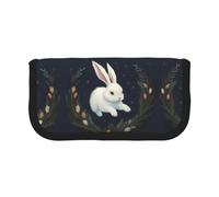 CHANGLEI Cute White Rabbit Sturdy Canvas Pencil Case with Full-Print Design,Double Zip Closure, Black Border Contrasting Design Multi-Use Organizer