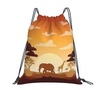 CHANGLEI Elephant And Giraffe In The Sunset Large Casual Drawstring Backpack With Print,Water-Resistant Polyester,Lightweight Durable,Black Contrast Back For Gym,Yoga,Travel