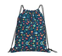 CHANGLEI Fish Turtle Jellyfish Large Casual Drawstring Backpack With Print,Water-Resistant Polyester,Lightweight Durable,Black Contrast Back For Gym,Yoga,Travel