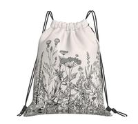 CHANGLEI Floral Herbs Botanical Engraving Large Casual Drawstring Backpack With Print,Water-Resistant Polyester,Lightweight Durable,Black Contrast Back For Gym,Yoga,Travel
