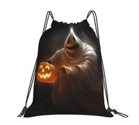 CHANGLEI Ghost Holding A Jack O Lantern Large Casual Drawstring Backpack With Print,Water-Resistant Polyester,Lightweight Durable,Black Contrast Back For Gym,Yoga,Travel