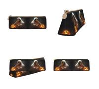CHANGLEI Ghost Holding A Jack O Lantern Printed Triangular Pencil Case,Cross Texture Pu Leather Cosmetic Pouch, Large Capacity Pen Bag with Zipper