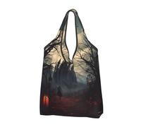 CHANGLEI Gloomy Castle And Witch Reusable Foldable Shopping Bag With All-Over Print-Waterproof Grocery Tote,Compact Carry Pouch,Holds 50lbs,Eco-Friendly Machine Washable