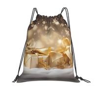 CHANGLEI Gold Silk Christmas Large Casual Drawstring Backpack With Print,Water-Resistant Polyester,Lightweight Durable,Black Contrast Back For Gym,Yoga,Travel