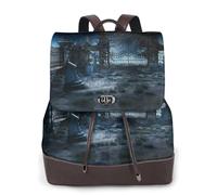 CHANGLEI Graveyard Tombstone Women'S Genuine Leather Backpack,Full-Pattern Print,Fashion Casual Daypack For School Travel Work