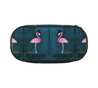 CHANGLEI Halloween Flamingo Witch Hat Double-Zip Pencil Case with 4 Pen Slots Mesh Pocket,Print Lightweight Durable Polyester Pencil Pouch for School,Office,Or Makeup Organizer