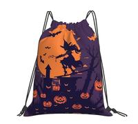 CHANGLEI Halloween Witch Flying Large Casual Drawstring Backpack With Print,Water-Resistant Polyester,Lightweight Durable,Black Contrast Back For Gym,Yoga,Travel