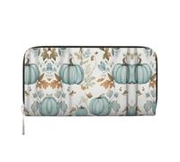 CHANGLEI Harvest Blue Pumpkins and Leaves Long Zip Around Pu Leather Clutch Wallet for Women,Multi-Functional Purse with Coin Pocket, Multiple Card Slots and Organizer Compartments