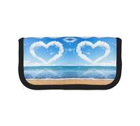 CHANGLEI Heart Shape Romantic Beach Sturdy Canvas Pencil Case with Full-Print Design,Double Zip Closure, Black Border Contrasting Design Multi-Use Organizer