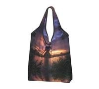 CHANGLEI Lakeside At Sunset Reusable Foldable Shopping Bag With All-Over Print-Waterproof Grocery Tote,Compact Carry Pouch,Holds 50lbs,Eco-Friendly Machine Washable