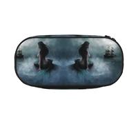 CHANGLEI Mermaid Girl and Sailing On Sea Pirate Ship Double-Zip Pencil Case with 4 Pen Slots Mesh Pocket,Print Lightweight Durable Polyester Pencil Pouch for School,Office,Or Makeup Organizer