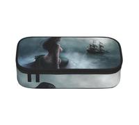 CHANGLEI Mermaid Girl and Sailing On Sea Pirate Ship Large Capacity Pencil Case, Oxford-Cloth Sturdy Stationery Pouch with Removable Divider Mesh Pocket,Multi-Compartment Waterproof Pen Bag
