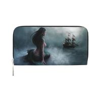 CHANGLEI Mermaid Girl and Sailing On Sea Pirate Ship Long Zip Around Pu Leather Clutch Wallet for Women,Multi-Functional Purse with Coin Pocket, Multiple Card Slots and Organizer Compartments