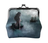 CHANGLEI Mermaid Girl and Sailing On Sea Pirate Ship Women's Bifold Kiss Lock Coin Purse-Double-Sided Printed Leather Small Wallet for Cards,Cash,Coins-Secure Clasp Closure for Women Or Girls