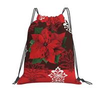 CHANGLEI Merry Christmas Flower Large Casual Drawstring Backpack With Print,Water-Resistant Polyester,Lightweight Durable,Black Contrast Back For Gym,Yoga,Travel
