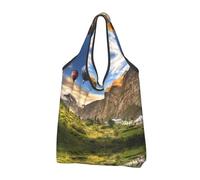 CHANGLEI Mountain Hot Air Balloon Reusable Foldable Shopping Bag With All-Over Print-Waterproof Grocery Tote,Compact Carry Pouch,Holds 50lbs,Eco-Friendly Machine Washable