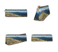 CHANGLEI Mountains Printed Triangular Pencil Case,Cross Texture Pu Leather Cosmetic Pouch, Large Capacity Pen Bag with Zipper
