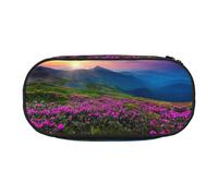 CHANGLEI Nature Purple Flowers Meadow Mountain Scenic Double-Zip Pencil Case with 4 Pen Slots Mesh Pocket,Print Lightweight Durable Polyester Pencil Pouch for School,Office,Or Makeup Organizer