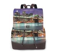 CHANGLEI New York Night Women'S Genuine Leather Backpack,Full-Pattern Print,Fashion Casual Daypack For School Travel Work