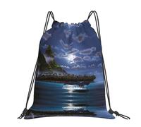 CHANGLEI Night Whale Large Casual Drawstring Backpack With Print,Water-Resistant Polyester,Lightweight Durable,Black Contrast Back For Gym,Yoga,Travel