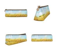 CHANGLEI Paddy Rice Field Printed Triangular Pencil Case,Cross Texture Pu Leather Cosmetic Pouch, Large Capacity Pen Bag with Zipper